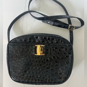 Salvatore Ferragamo Patent Black Croc Crossbody Bag with Gold Accents